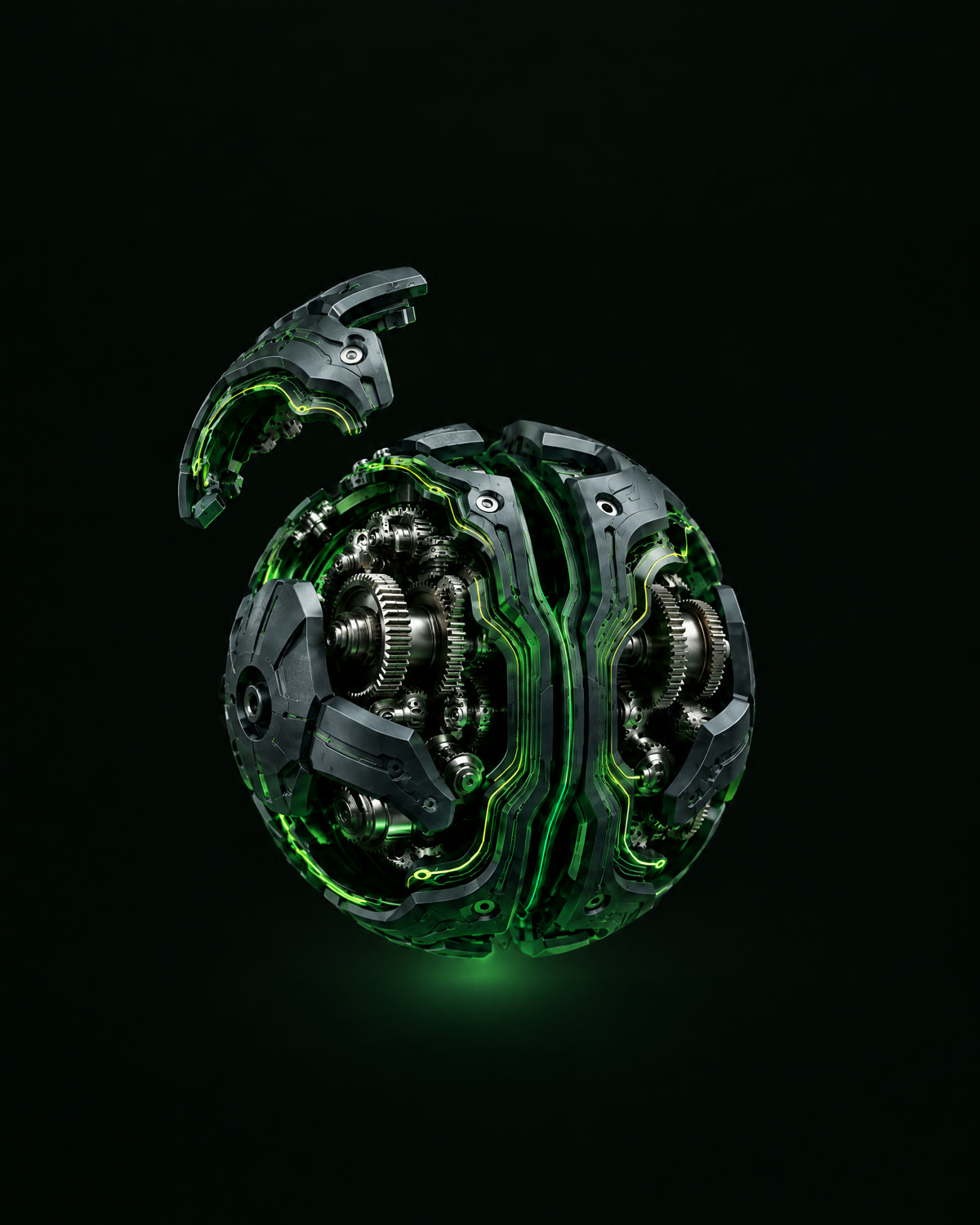 The Logic Core with one housing panel lifted clear, the gear train exposed for inspection