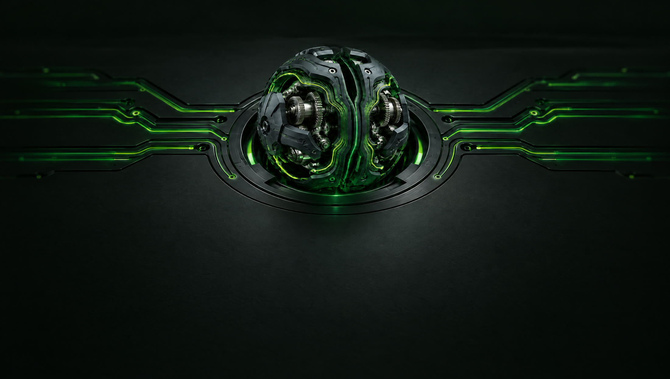 The Logic Core installed in a machined plate, its green traces running out into the surface around it